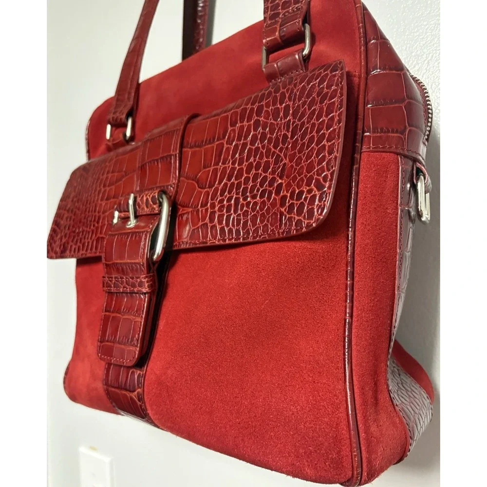 Levenger‎ Suede Leather Shoulder Bag Tote Buckle Red Square Croc Top Zip Purse